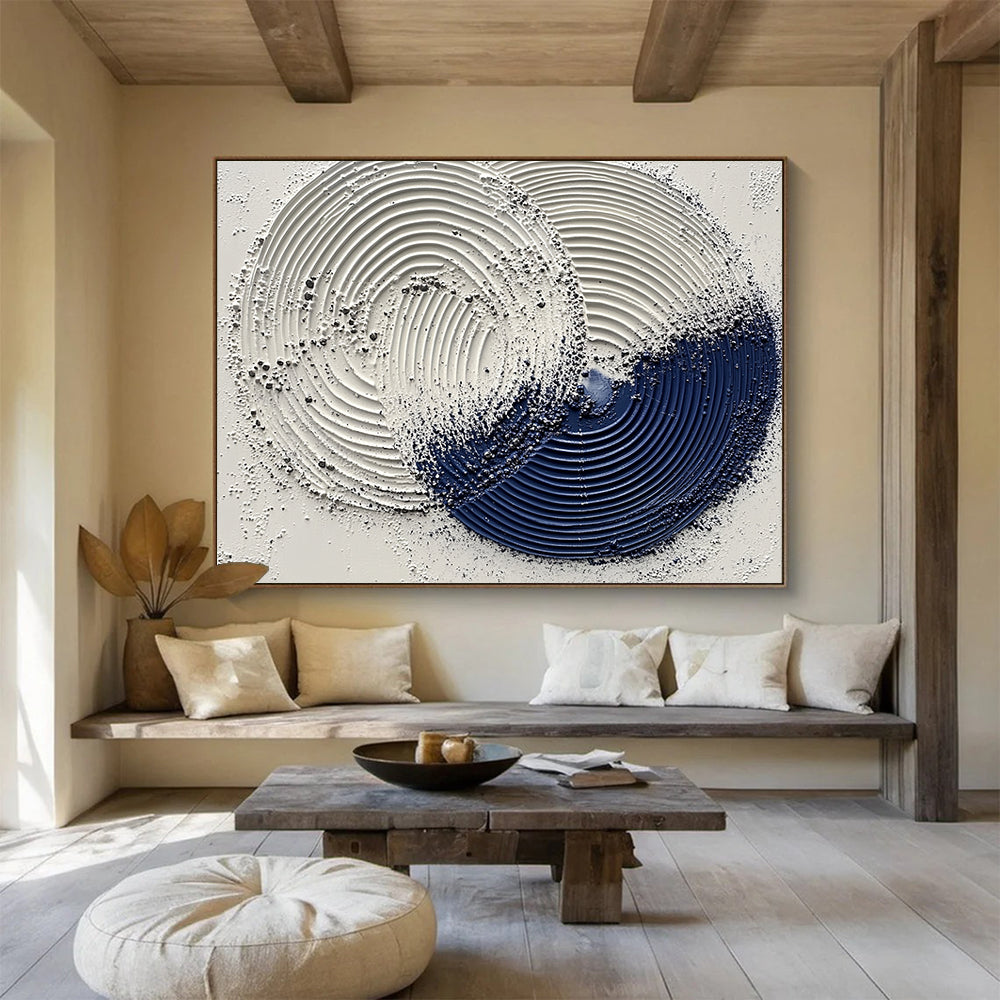 “Textured Circular Abstract” - White, Navy Blue with Raised Circles - Painting On Canvas HB1385