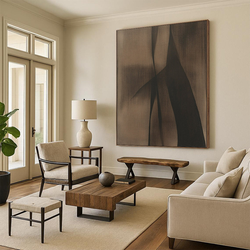 Large contemporary hand-painted abstract artwork with brown and black tones featuring minimalist shapes that evoke a powerful sense of mystery against a dark grey background. DLZ1186