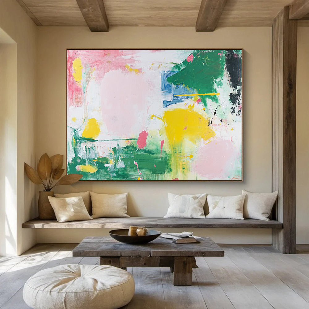 “Soft Color Splash Abstract” - Pink, Green, Yellow, Blue with Gentle Splashes - Painting On Canvas HB1369