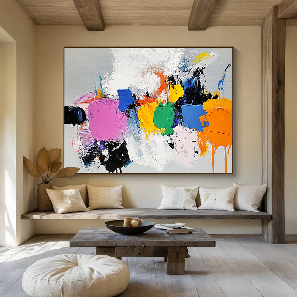 “Colorful Abstract Shapes” - Pink, Blue, Yellow, Green, Abstract Expressive Painting On Canvas HB1089