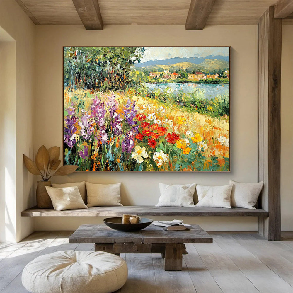 Flower - Filled Riverbank with Village View - Impressionistic Landscape Painting On Canvas HB0450