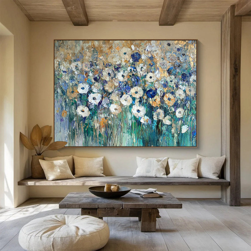 “Gilded Wildflower Field” - Gold - tipped white flowers, blue greens, Impasto Floral Painting On Canvas HB0581