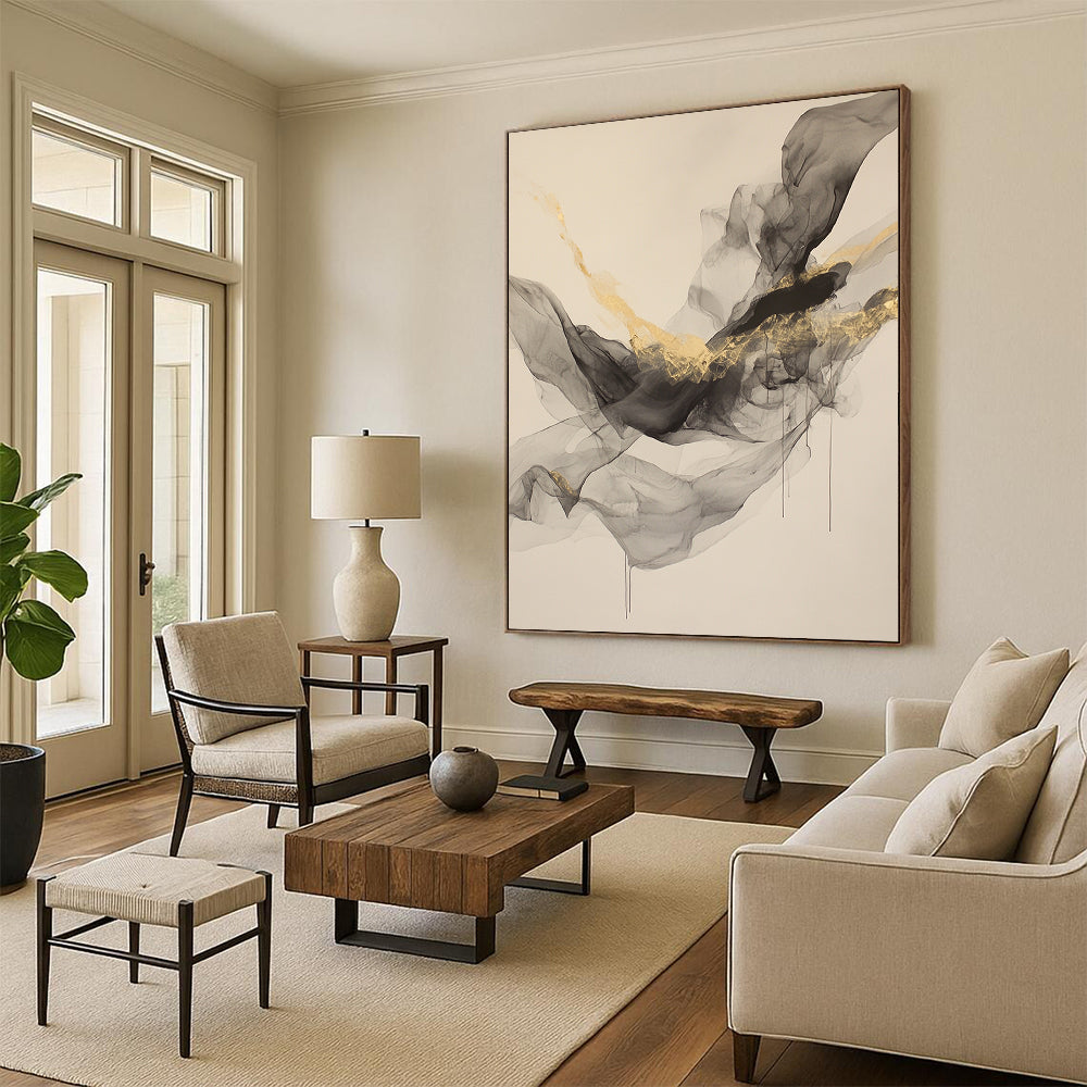 Beige, Gray, Gold, Flowing Shapes "Smoky Splendor" Abstract Painting On Canvas HB035