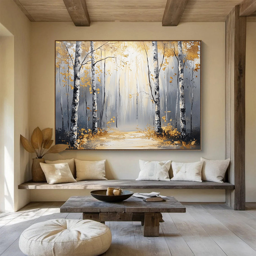 “Sunlit Golden Birch Forest Path” - Gold, Gray, Birch Trees, Forest Path - Abstract Landscape Painting HB1684
