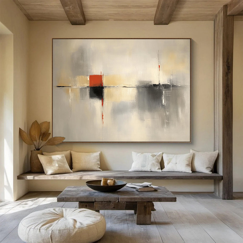 “Gray and Red Abstract Composition” - Gray, beige, white, red; Abstract composition with geometric elements; Acrylic Painting On Canvas HB1283