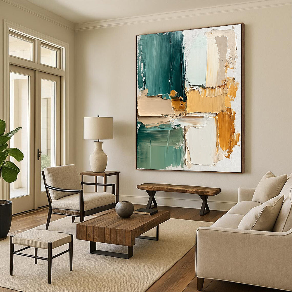 Contemporary abstract painting showcasing thick brush strokes in beige and teal with soft splashes and layers of cream green and yellow on textured canvas. DLZ1080