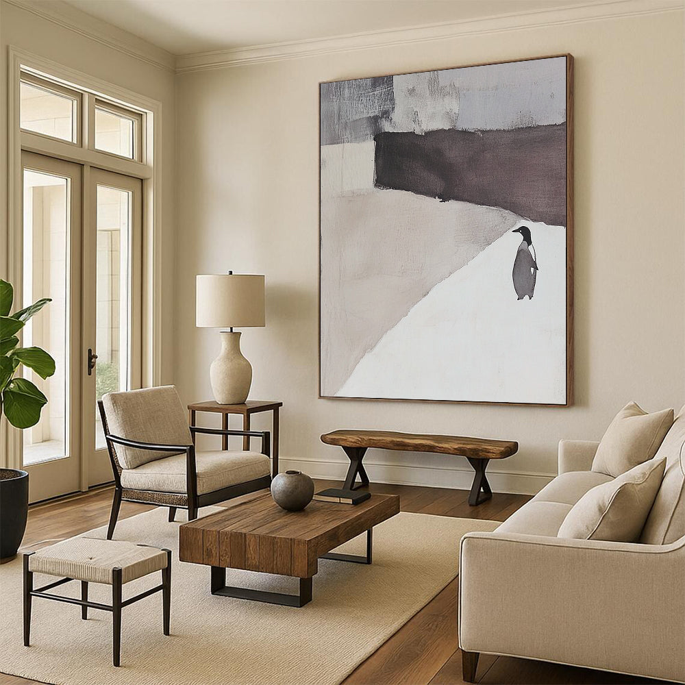Contemporary hand-painted abstract artwork featuring an elegant white and gray landscape with a penguin silhouette and serene negative space. DLZ1725