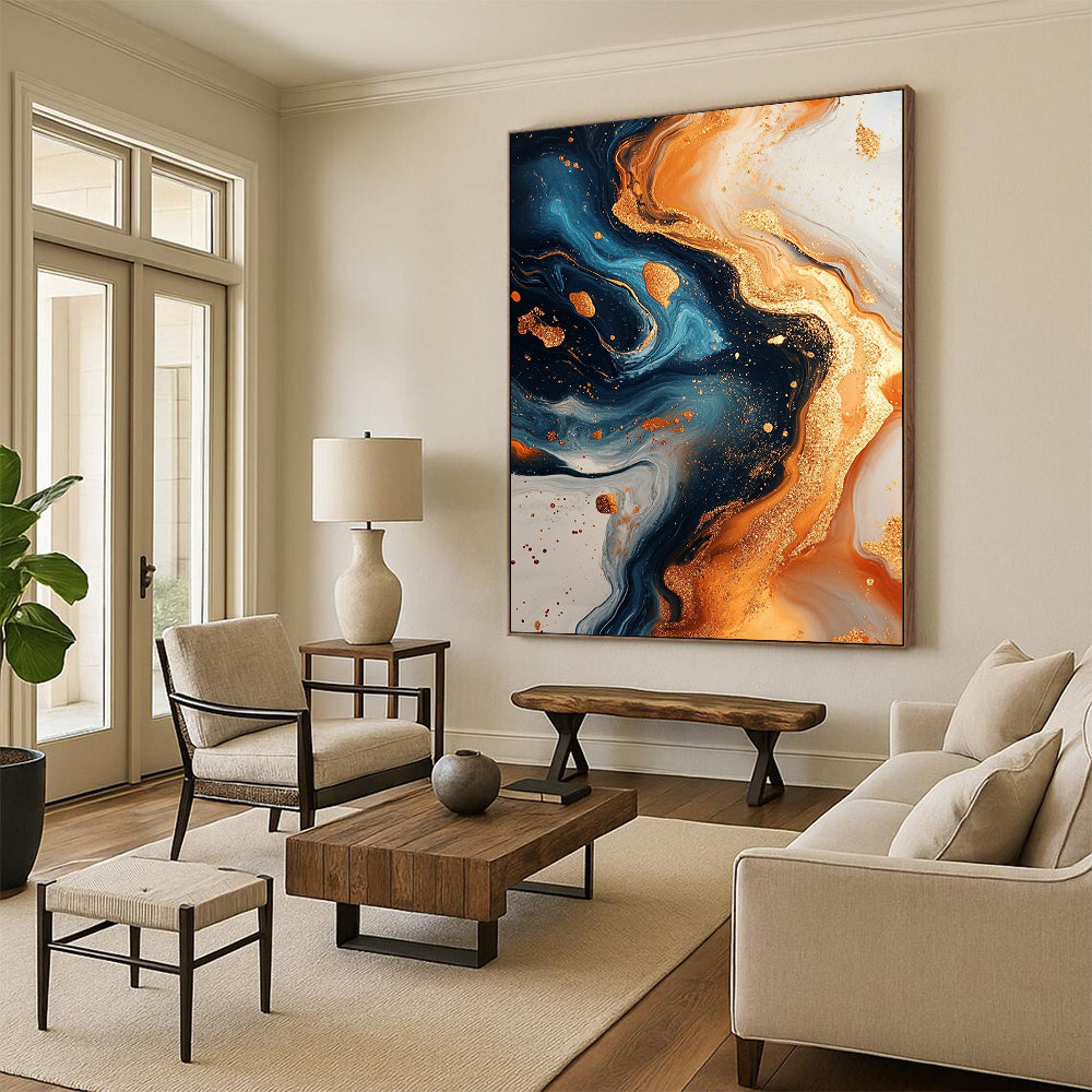Contemporary hand-painted abstract artwork showcasing swirling gold and navy blue with marble textures and glitter. Perfect for modern decor. DLZ0848