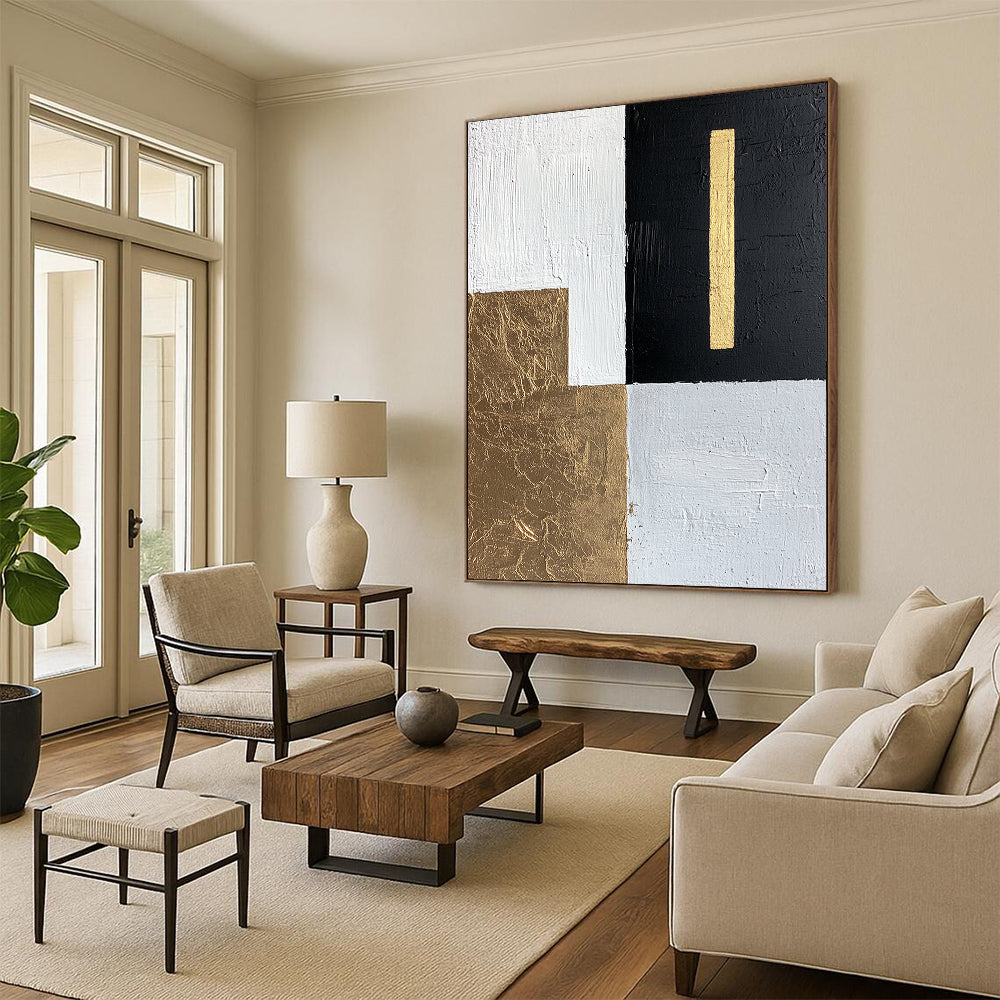 White, Black, Gold, Light Gray with Geometric Blocks "Elegant Division" Abstract Painting On Canvas HB011