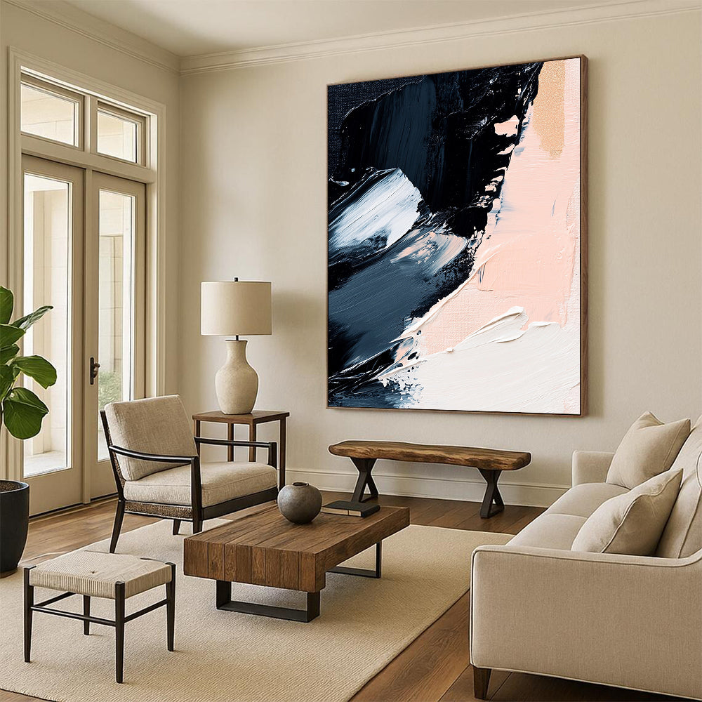 Black, White, Gold, Blush, Brush Strokes "Gilded Blush Drama" Abstract Gestural Painting On Canvas HB168