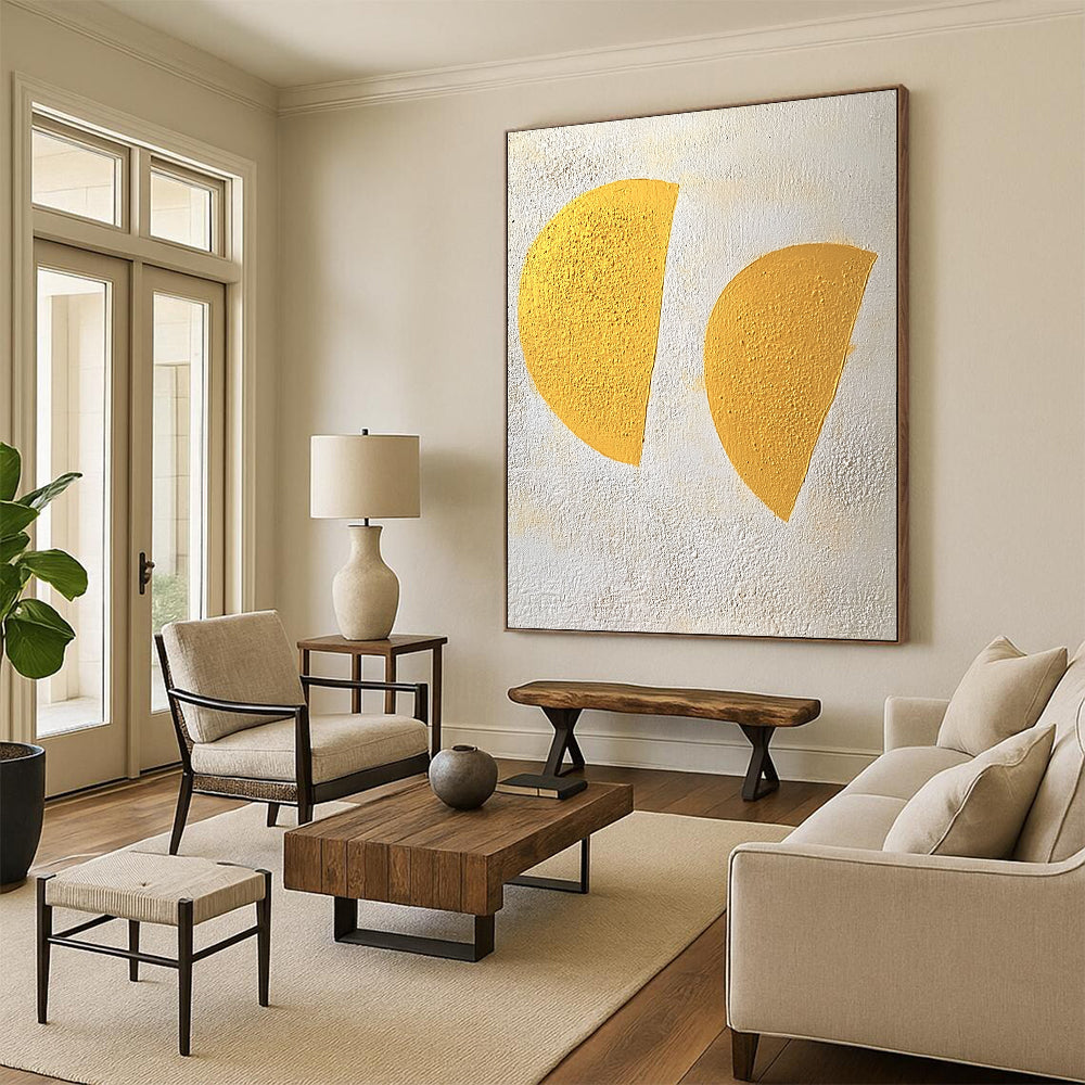 Large contemporary hand-painted abstract art featuring two yellow half-circles against a textured white and gray background in a soft color palette. DLZ1429