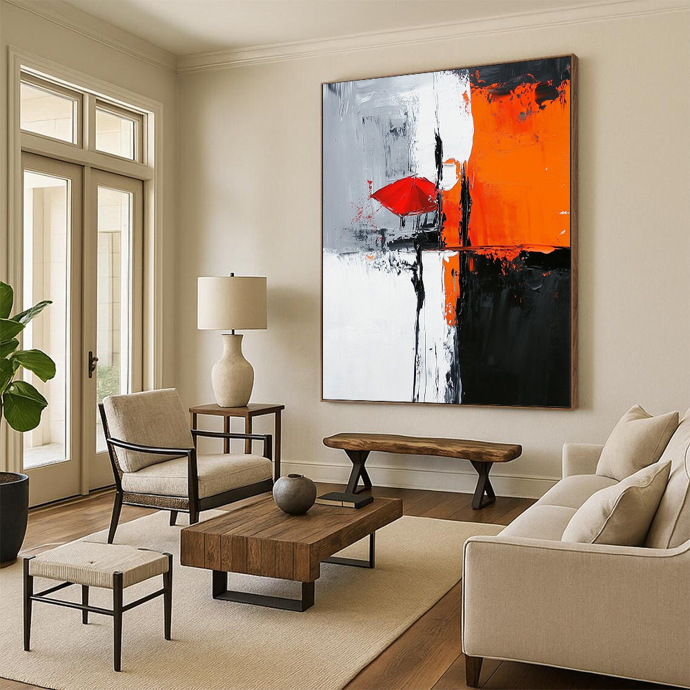 Contemporary abstract painting featuring bold black white orange hues with a gray background light gray red umbrella and chair in a hard-edge style. DLZ0324
