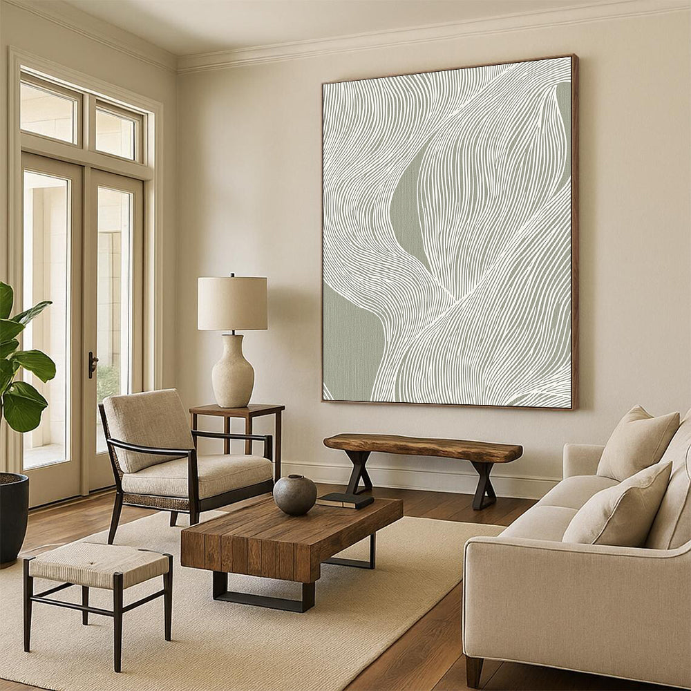 Contemporary hand-painted abstract artwork featuring fluid white lines on a gray background inspired by Edo woodblock prints, perfect for elegant interior decor. DLZ1431