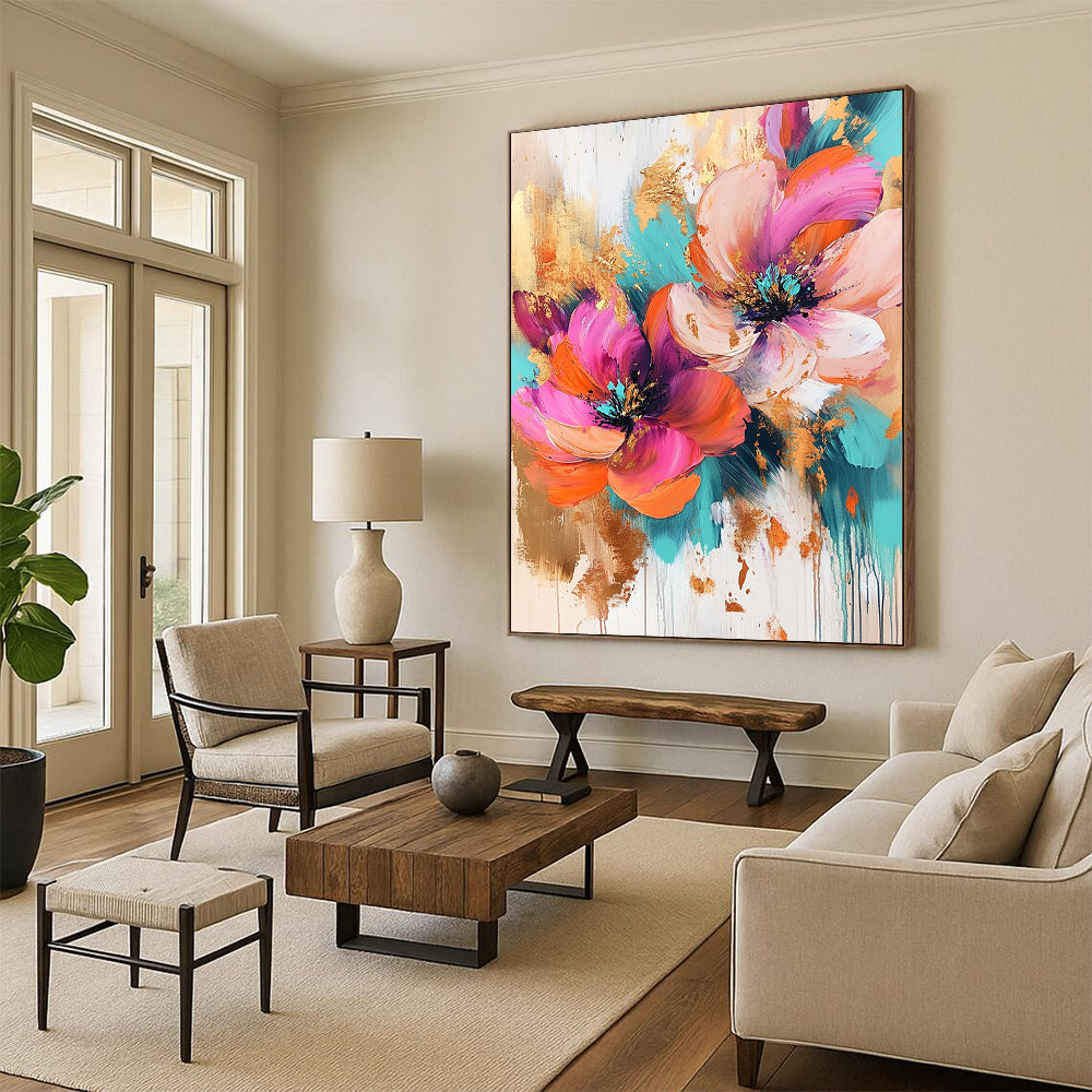 Contemporary abstract artwork featuring vibrant pink, orange, and turquoise flowers enhanced with gold leaf splashes, ideal for modern decor. DLZ1263