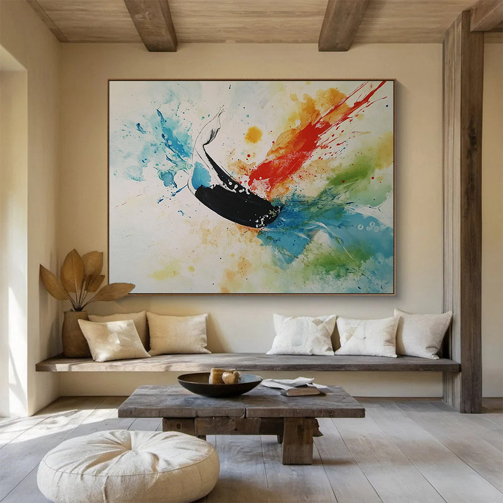 “Whale in Color Bursts” - Black Whale, Colorful Splashes, Abstract Marine Animal Painting On Canvas HB1099