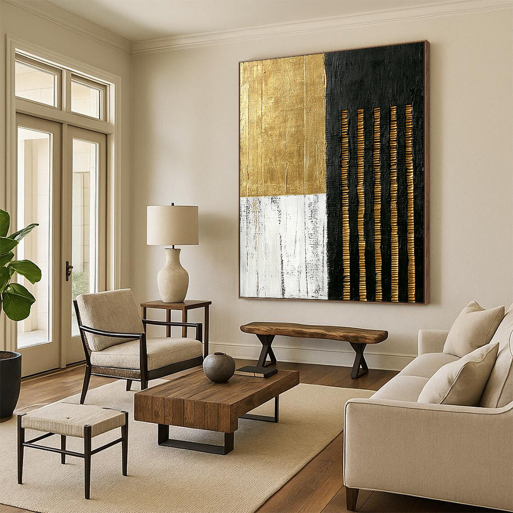 Black, White, Gold, Textured Stripes "Gilded Textured Stripes" Abstract Minimalist Painting On Canvas HB157