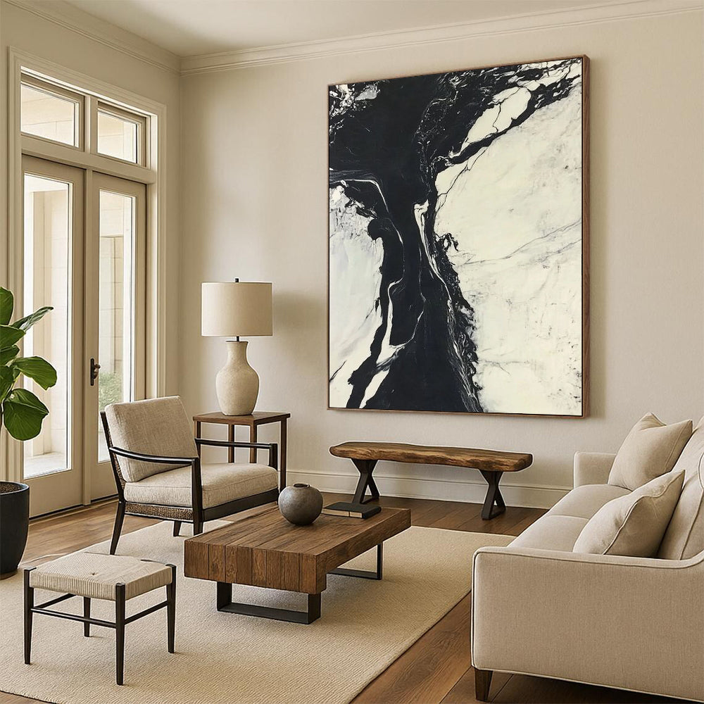 Contemporary abstract art features striking black and white marble ink merging with a cool river amidst snow-covered landscapes creating dynamic contrasts. DLZ1545