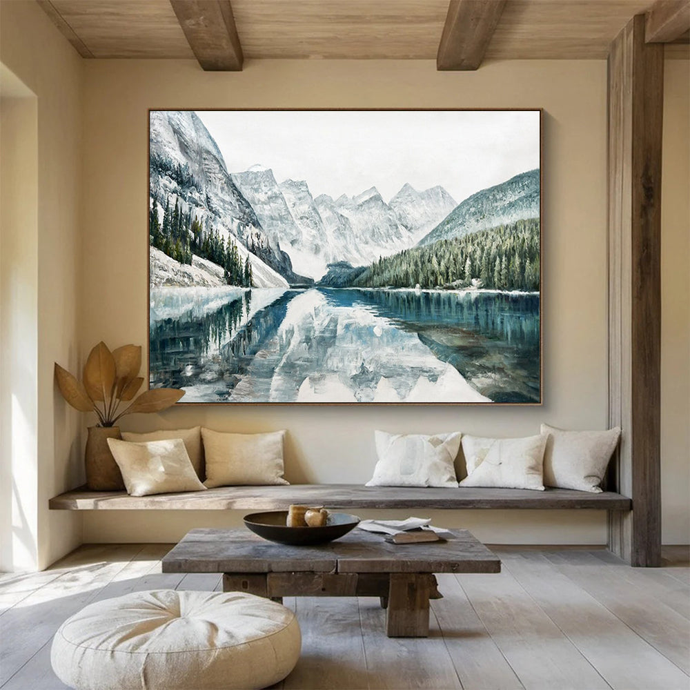 Snowy Mountain Lake Reflection - Serene Living Room Art DLZ221