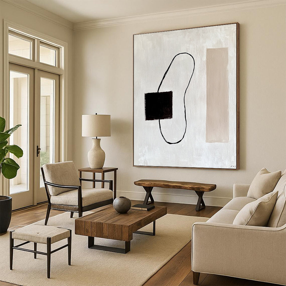 Contemporary abstract painting featuring a dark brown electrical wire on a white background with minimalist lines and a beige rectangle inspired by Matisse. DLZ1316