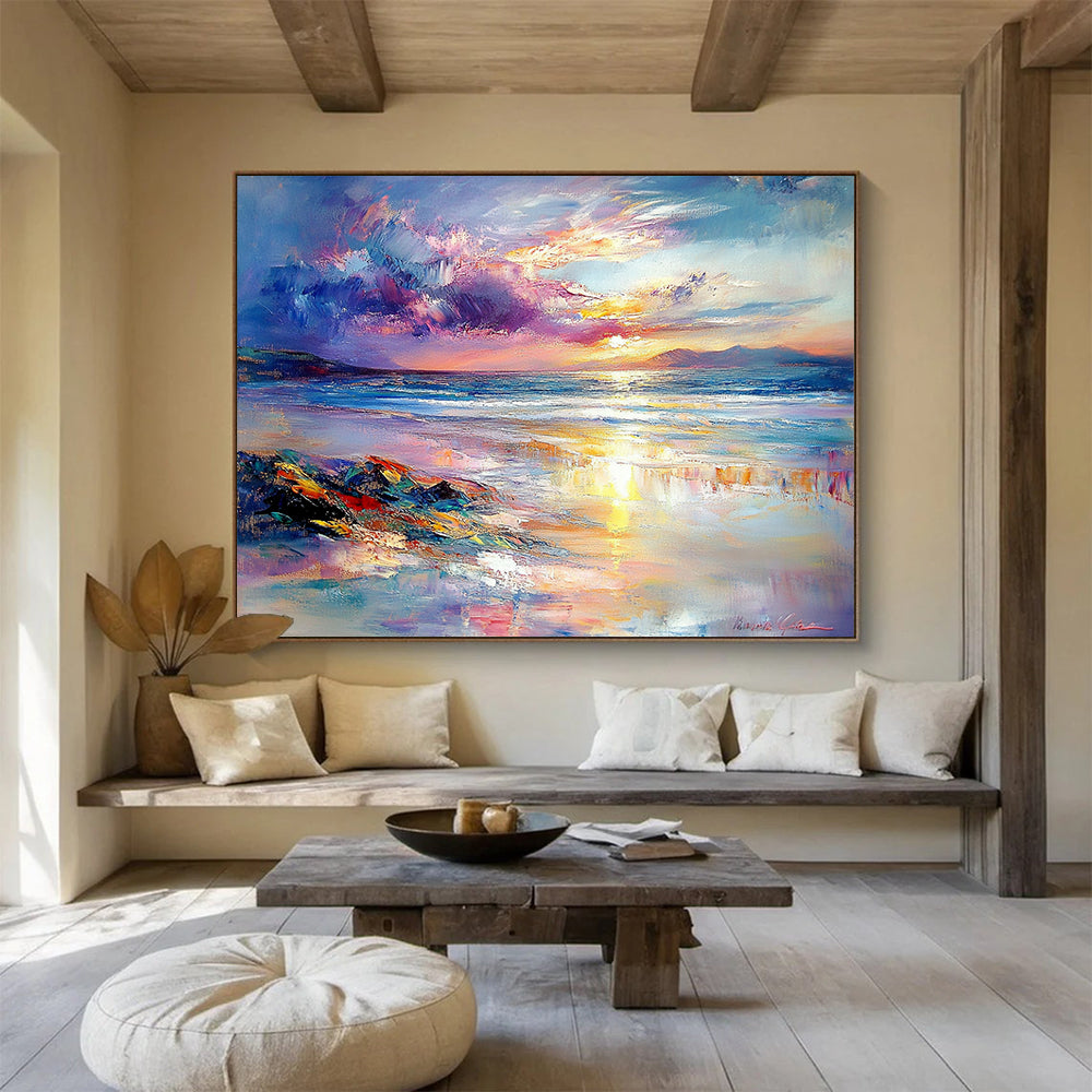 “Colorful Coastal Sunset” - Purple, Pink, Orange, Blue, Beach and Sky - Impasto Oil Painting HB1702