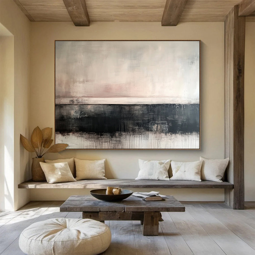 “Muted Abstract Horizon” - Soft tones of gray, beige, black; Abstract horizon with drip effects; Acrylic Painting On Canvas HB1266