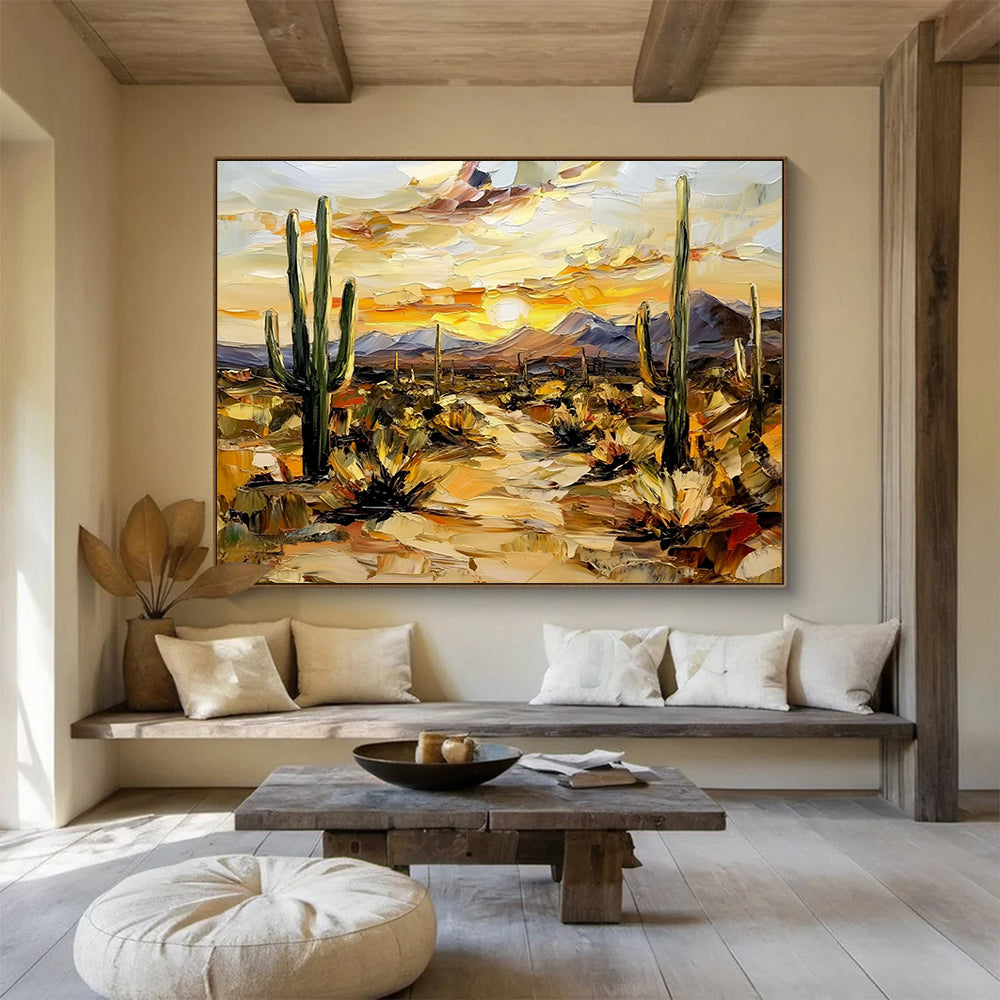 “Desert Sunset with Cacti” - Warm Oranges, Yellows, Greens, Desert Landscape with Cacti - Impasto Oil Painting HB1686