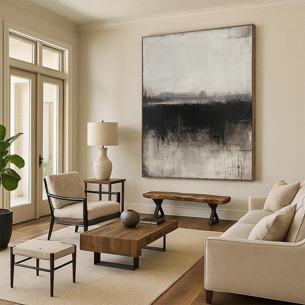 Contemporary hand-painted abstract artwork featuring a grey and black palette soft textures and a faint urban landscape in a minimalist style. DLZ0710