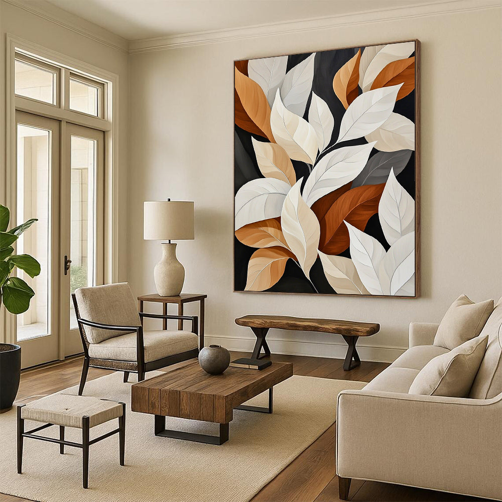 Contemporary abstract painting featuring white and beige leaves with brown edges on dark backgrounds showcasing varied sizes shapes and angles in a muted color palette. DLZ1425