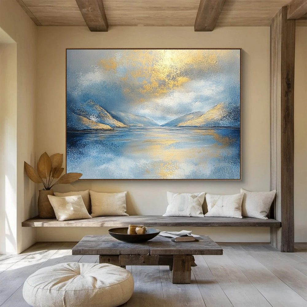 “Golden Mountain Reflection” - Blue, Gold, White, Sparkling Lake and Sunlit Peaks Painting On Canvas HB0919
