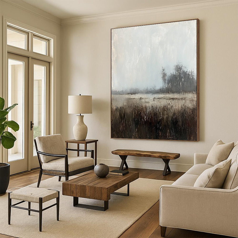 Large contemporary abstract painting featuring muted tones of gray sky and distant trees creating a misty grassland scene with soft lighting and brushstrokes. DLZ0409