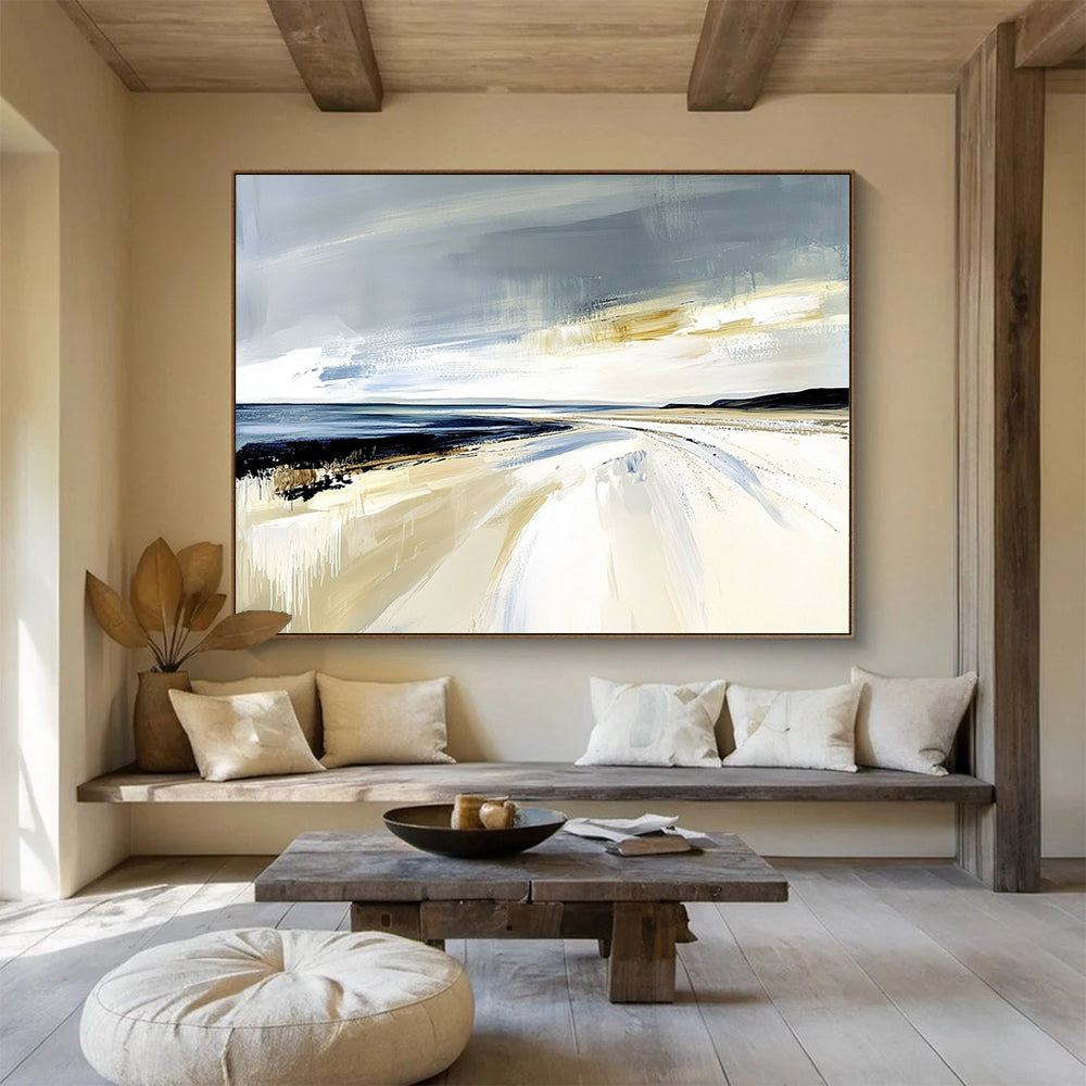 “Dynamic Beach Drips” - Gray, Blue, Beige, Abstract Dripping Beachscape Painting On Canvas HB1073