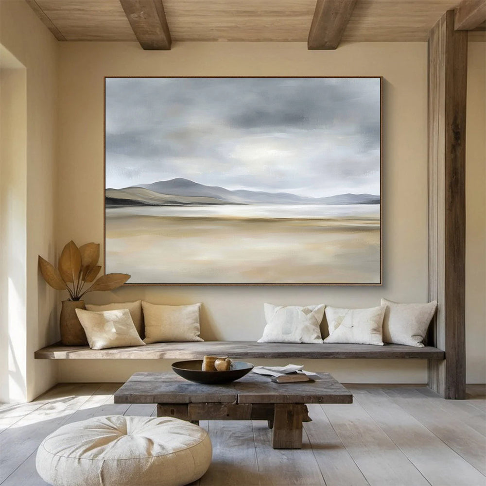 “Misty Coastal Landscape” - Gray, Beige, Minimalist Coastal Painting On Canvas HB0699