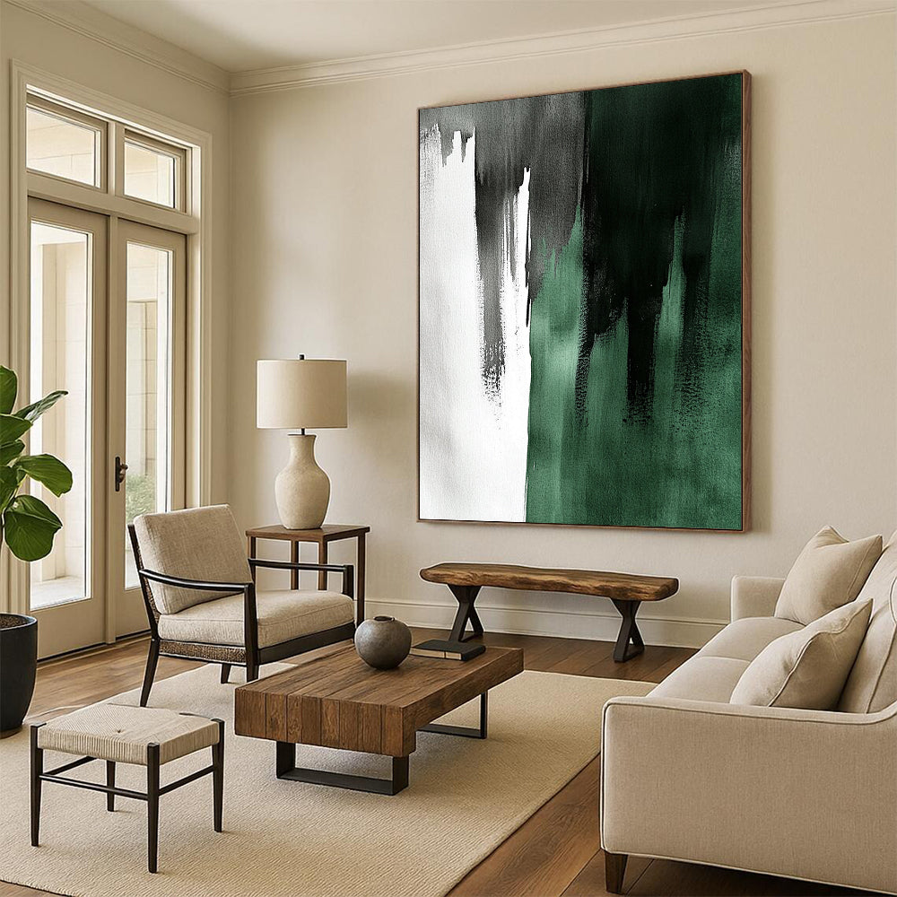 Large contemporary hand-painted abstract artwork featuring emerald green and gray with elegant brushstrokes creating a striking light and shadow contrast. DLZ1736