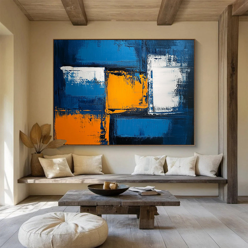 “Vibrant Blue with Orange and White Geometric Accents” - Blue, orange, white; Abstract geometric blocks on a blue background; Acrylic Painting On Canvas HB1230