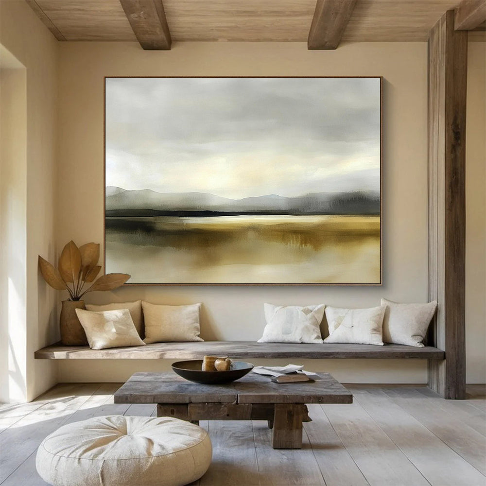 “Misty Mountain Lake” - Gray, Beige, Hazy Peaks and Reflective Water Painting On Canvas HB0927
