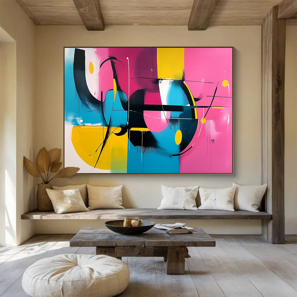 “Vibrant Abstract Composition” - Pink, yellow, blue, black; Abstract composition with dynamic lines; Acrylic Painting On Canvas HB1273
