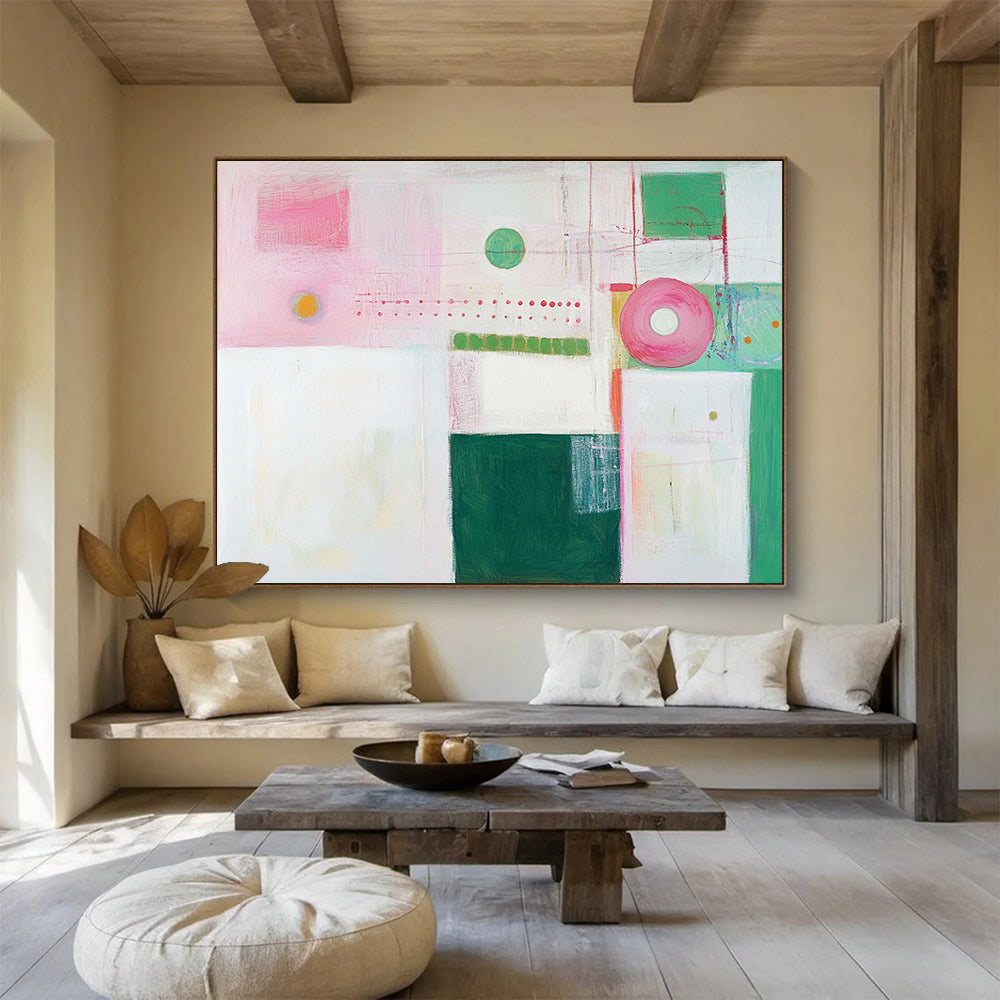 “Pastel Abstract Shapes” - Pink, green, white, Soft Abstract Painting HB0642