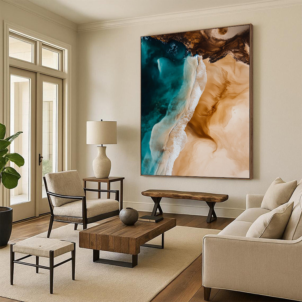 Contemporary hand-painted abstract art featuring ocean waves and sandy beaches in light brown and blue hues, capturing natural beauty and serene tones. DLZ1484