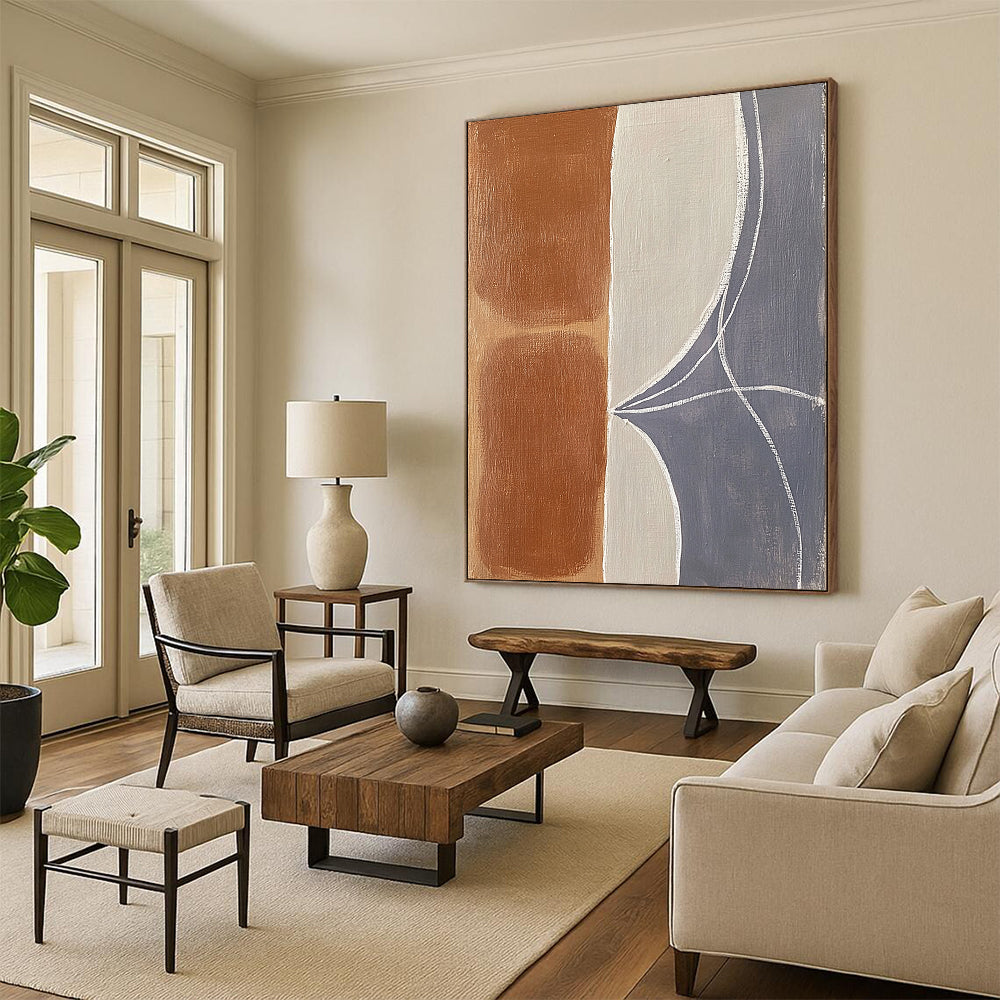 Contemporary abstract painting featuring organic shapes with terracotta brown and gray-blue hues enhanced by thick white lines and soft edges on a light gray background. DLZ0964