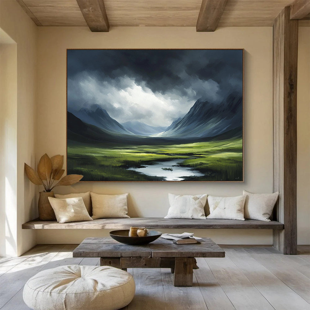 “Moody Mountain Landscape with Light” - Green, Blue, Gray, Dramatic Mountain Scene - Oil Painting HB1643