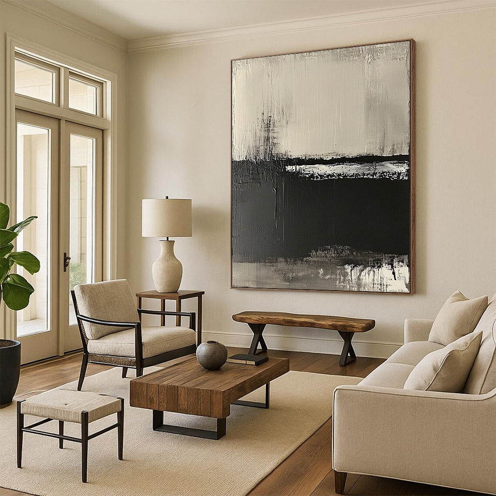 Contemporary hand-painted abstract artwork on textured canvas featuring neutral tones and a striking black-and-white horizon landscape. DLZ0679