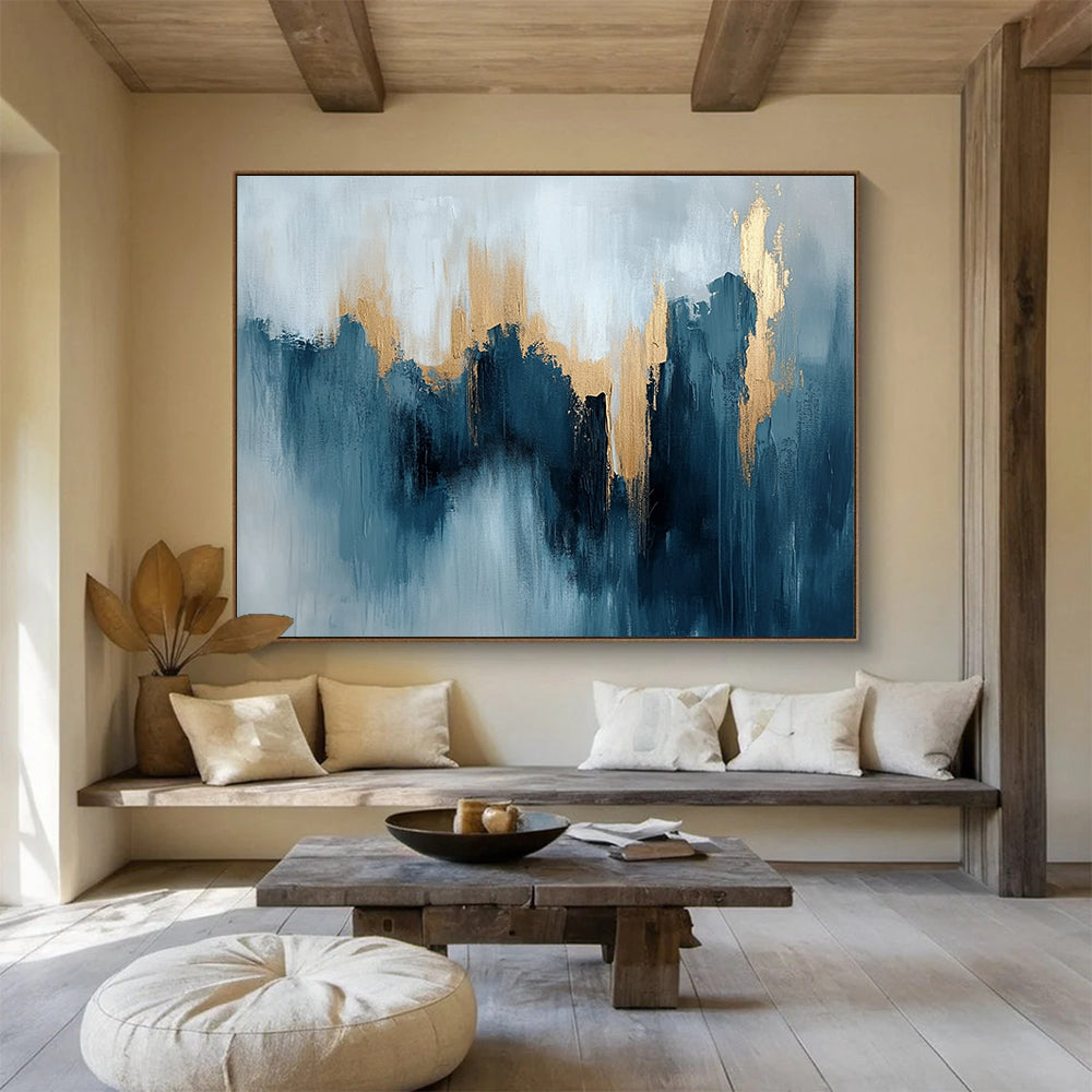“Teal - Gray Abstract with Gold Peaks” - Teal, Gray, Gold, Mountain - Like Shapes Painting On Canvas HB0827