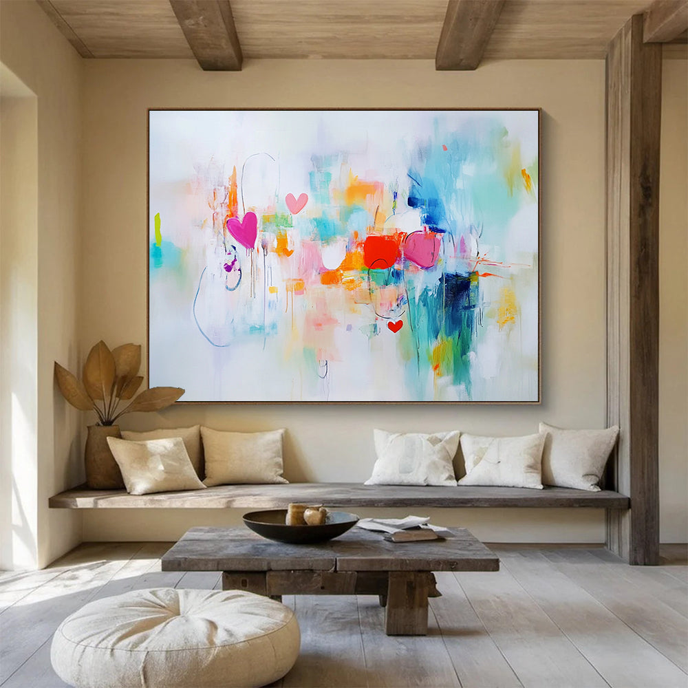 “Hearts and Hues” - Pink, Teal, Orange, Abstract Love - Contemporary Acrylic Painting HB1515