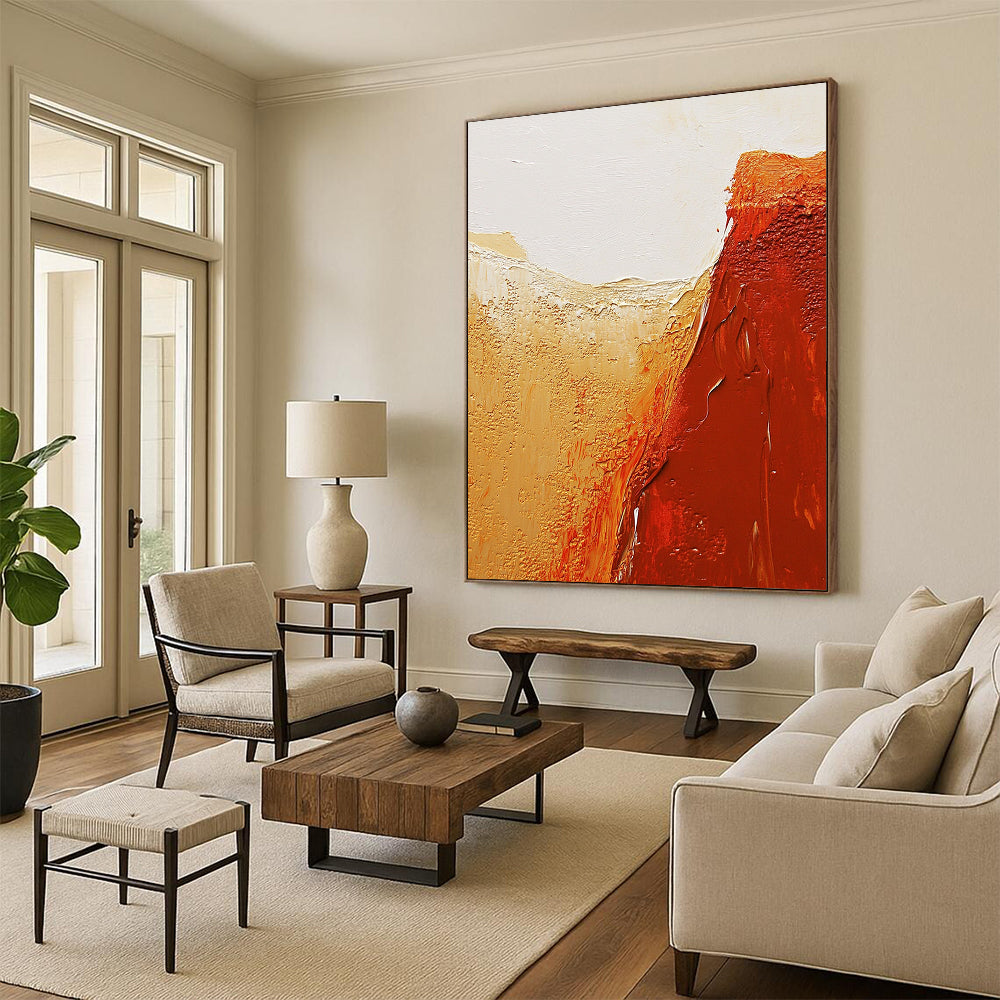 Contemporary abstract painting featuring textured red rock canyons and a serene white sky in warm orange and brown tones. DLZ1482