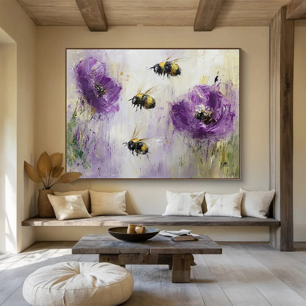 “Buzzing Bees and Purple Poppies” - Purples, Yellows, Blacks, Nature Scene - Textured Oil Painting HB1564