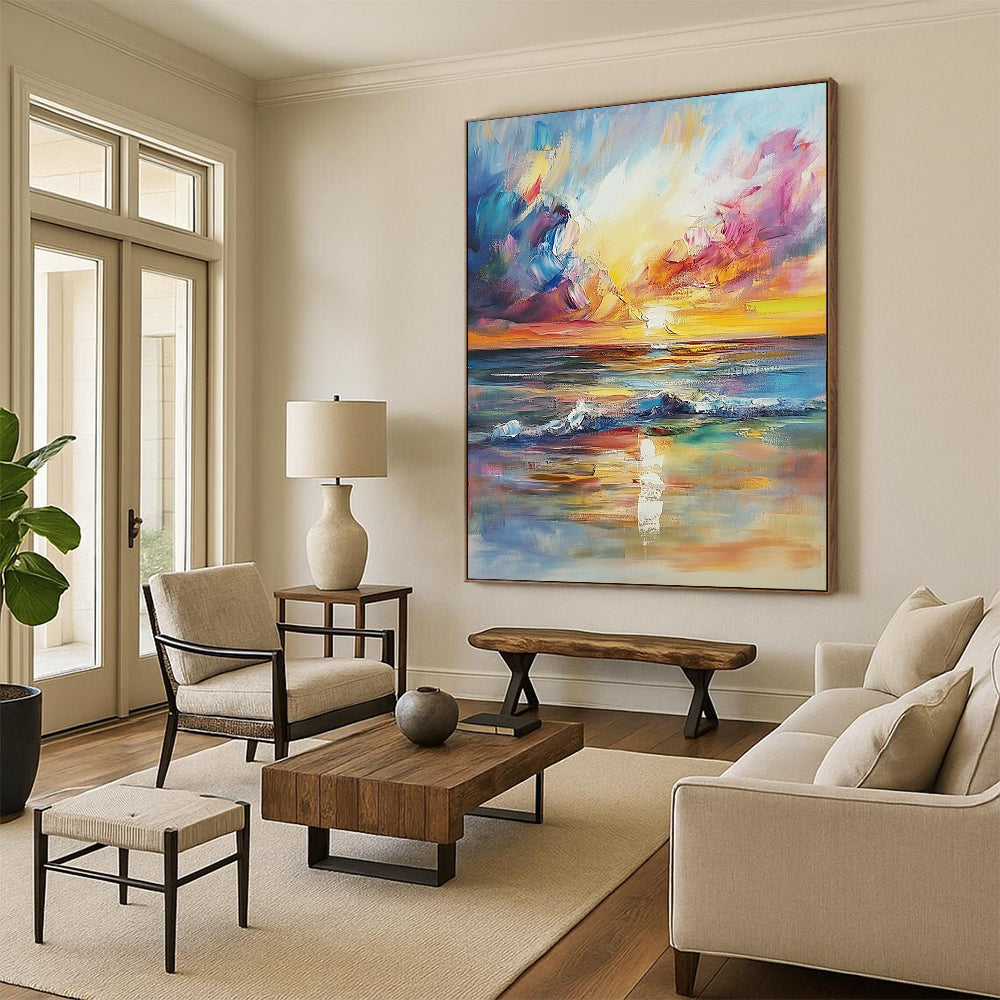 Contemporary hand-painted abstract artwork with impressionist style depicting a dreamy sunset over the sea, perfect for enhancing living room aesthetics. DLZ1125