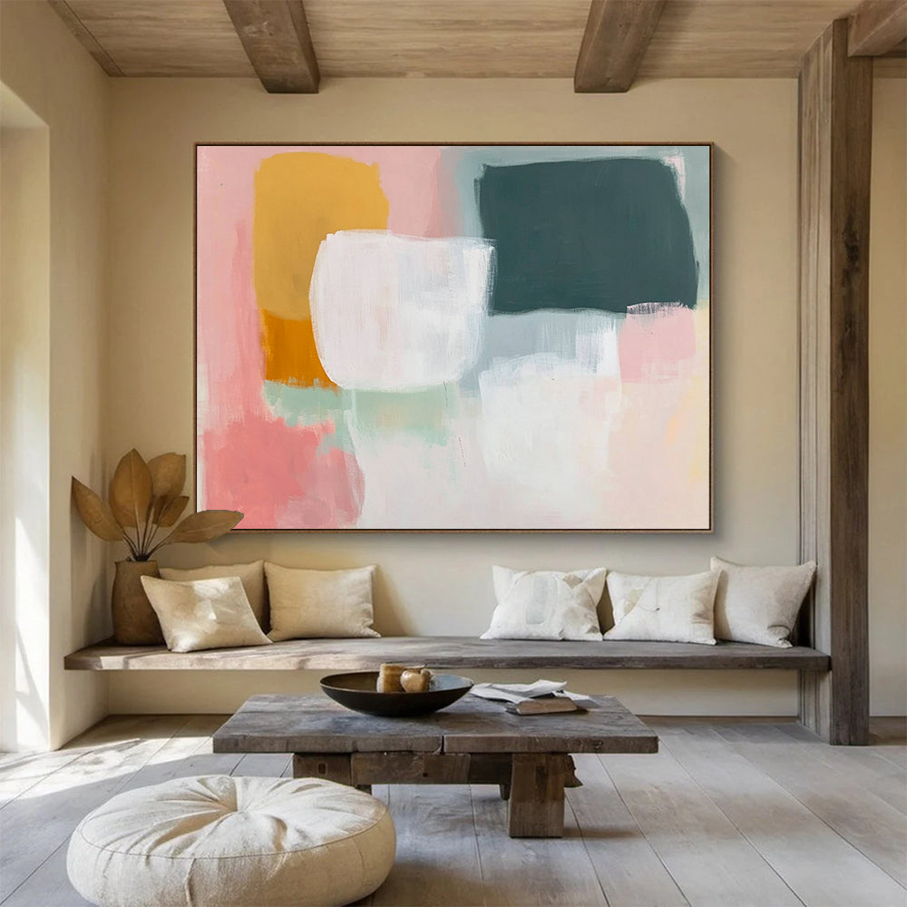 “Pastel Color Blocks” - Pink, yellow, green, white, Soft Abstract Painting HB0619