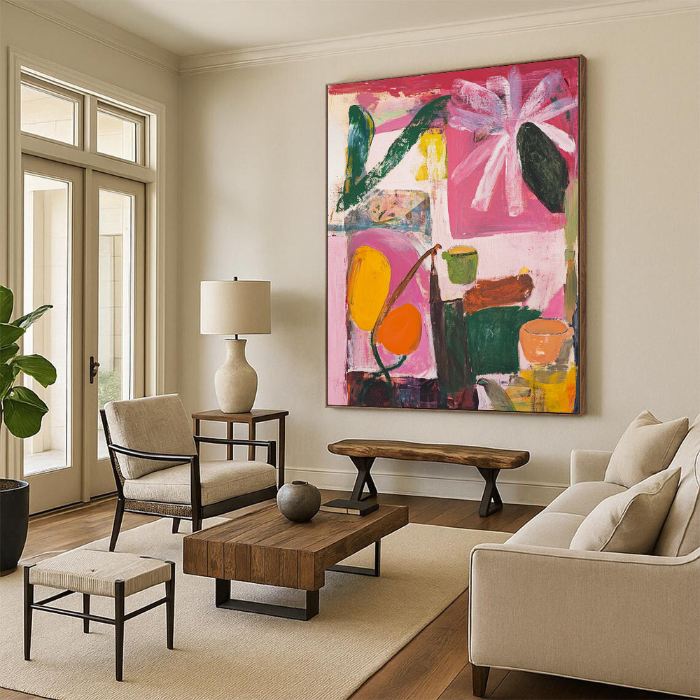 Contemporary abstract art features floral shapes in pink green and yellow against a light red background with a window and muted brown edges. DLZ0989