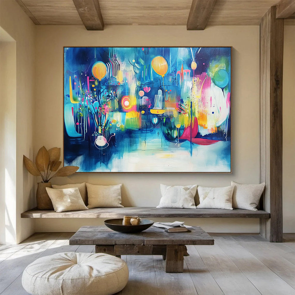 “Vibrant Blue Celebration” - Blue, Yellow, Pink, Abstract Party - Fauvist Acrylic Painting HB1502