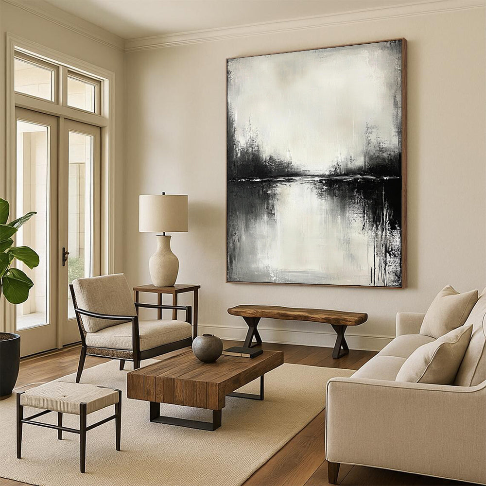 Contemporary abstract painting in black and white with serene water reflections and neutral tones, crafted using oil paint for a tranquil atmosphere. DLZ0399